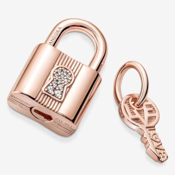 New Pandora S925 Rose Gold Authentic Padlock and Key Dangle Charm w/pouch - Picture 2 of 4
